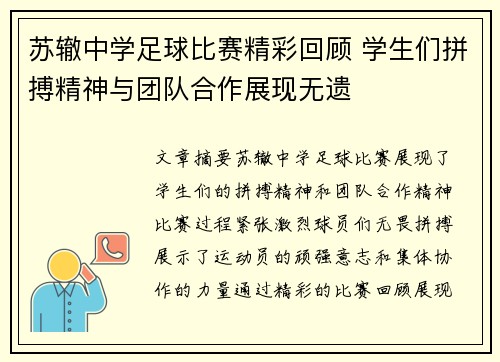 苏辙中学足球比赛精彩回顾 学生们拼搏精神与团队合作展现无遗