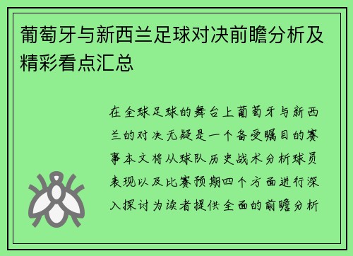 葡萄牙与新西兰足球对决前瞻分析及精彩看点汇总