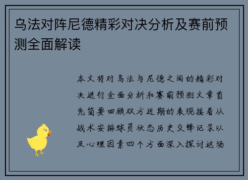 乌法对阵尼德精彩对决分析及赛前预测全面解读